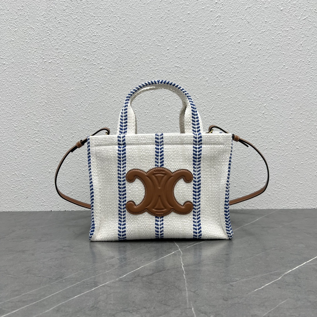 Celine Small Cabas Thais In Striped Textile And Calfskin Blue/White 199162